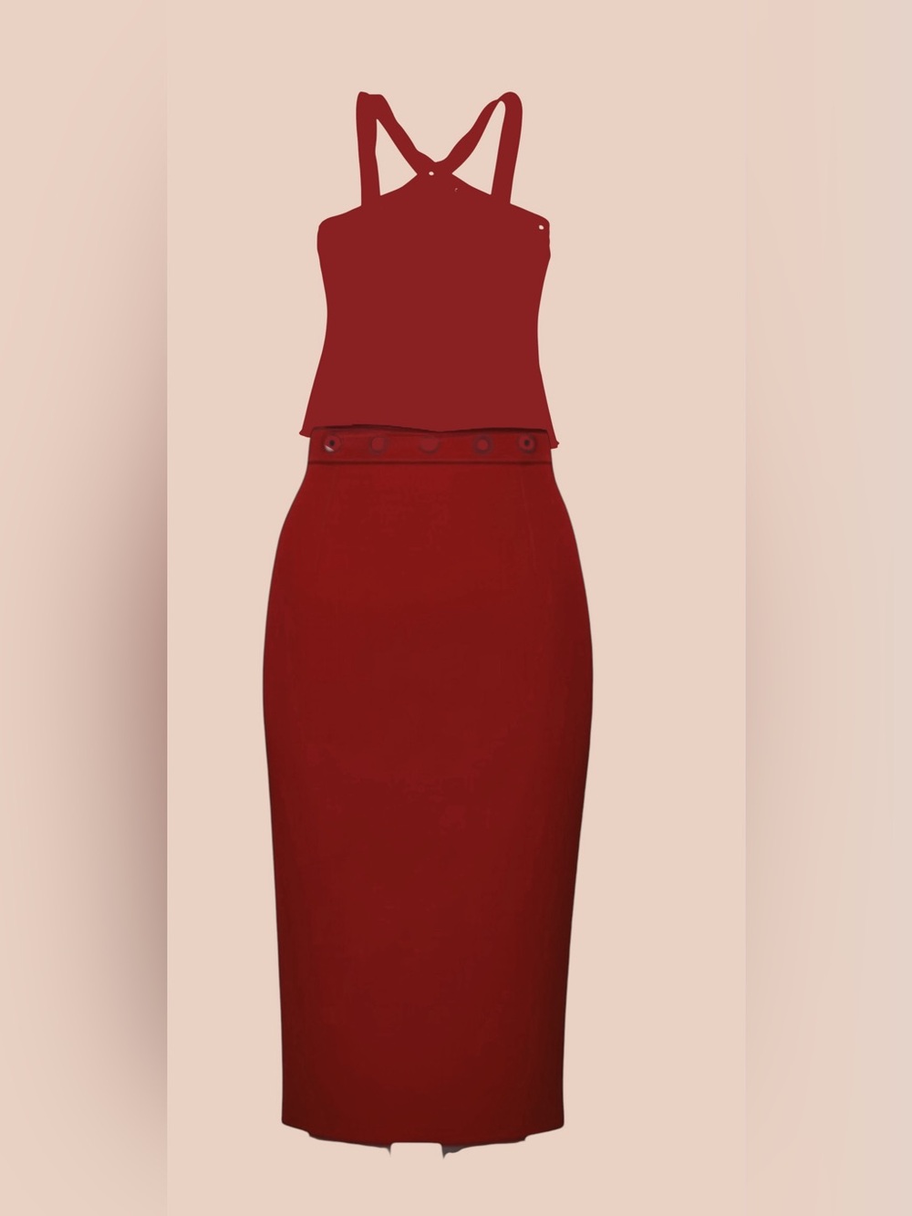 Zara Red Cross-Back Studded Body Tank Top and Matching Pencil Skirt in Red